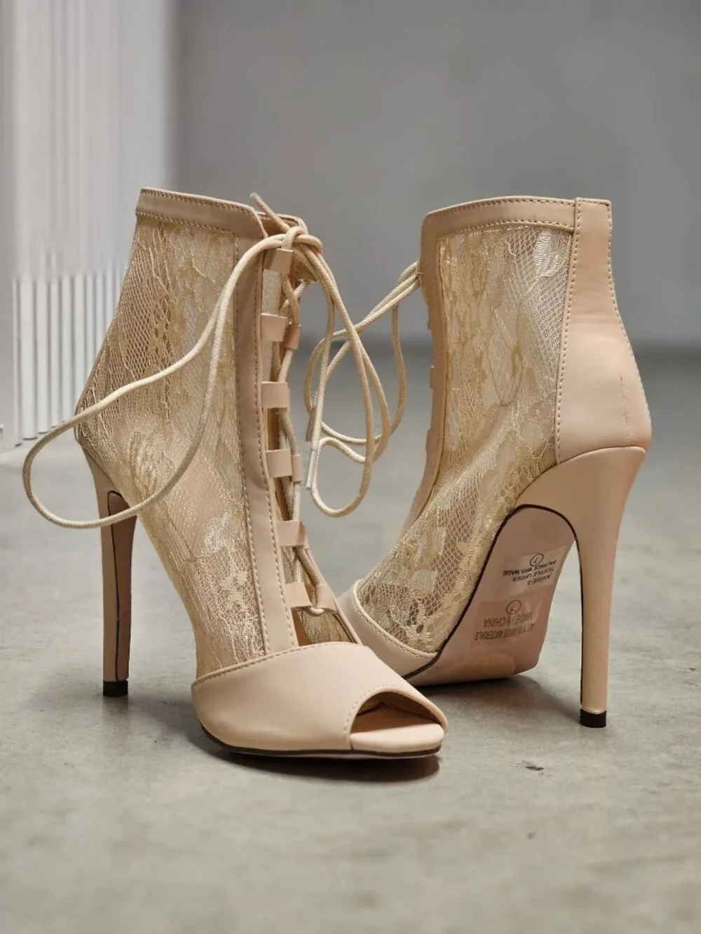 Peep Toe Lace-Up Stiletto Booties With Sheer Lace Panels Nude Beige High Heel An - Picture 4 of 12